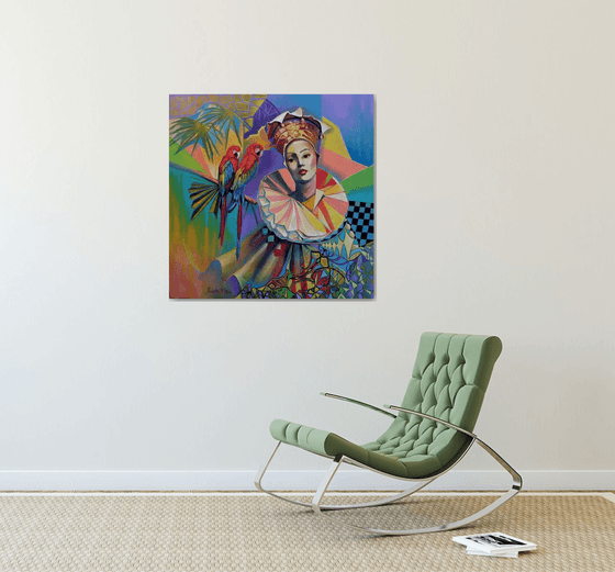 " Joker " - 80 x 80cm Original Oil Painting Parrots