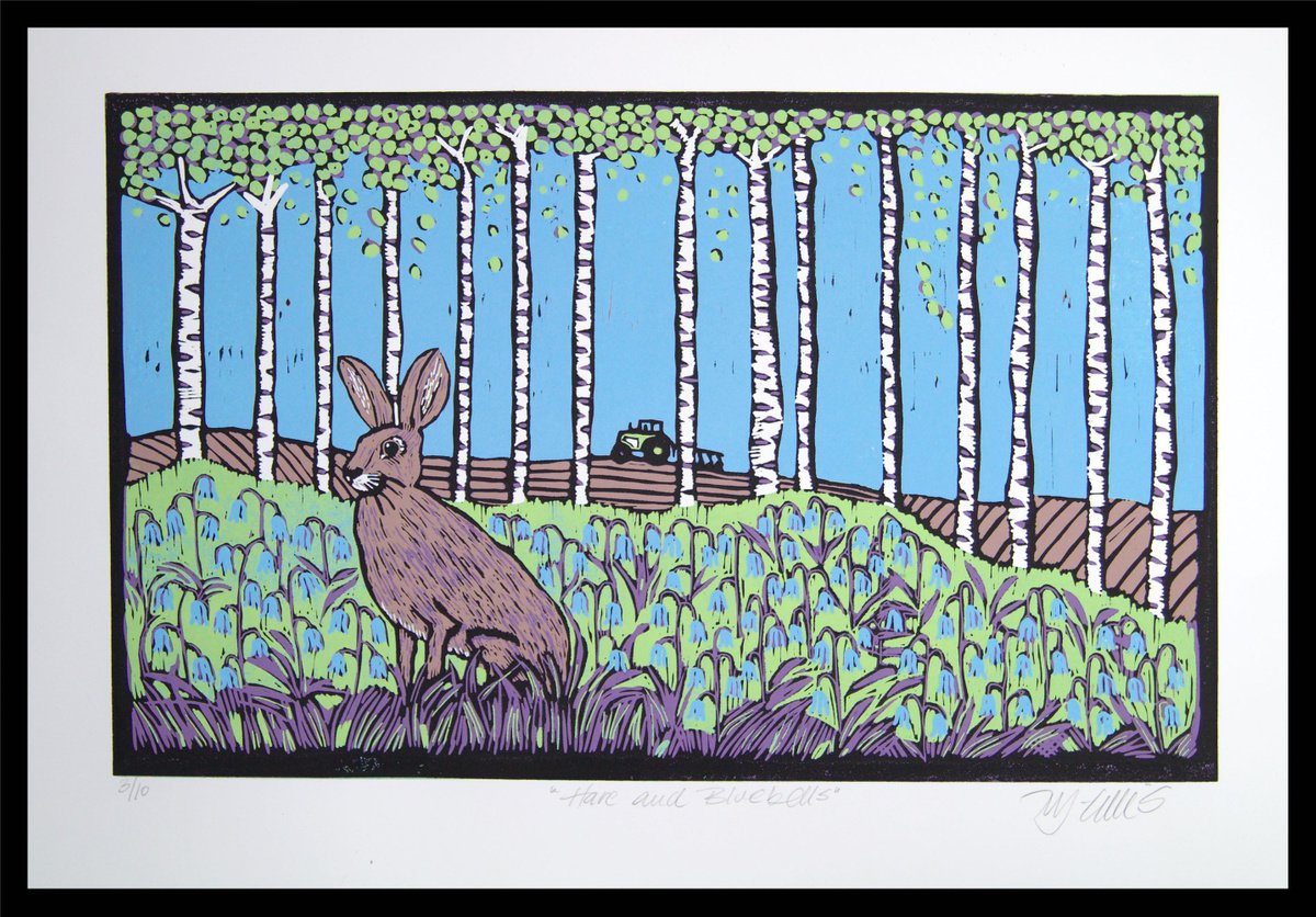 Hare and Bluebells, linocut reduction by Mariann Johansen-Ellis