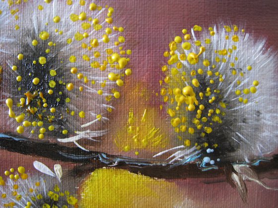 Willow Catkins Oil Painting, Willow Branch Nature Original Small Art Canvas, Spring Scenery Wall Art Realistic Artwork