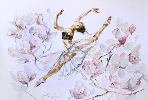 Ballet Art, Ballerina drawing on paper, Flowers girl drawing by Annet Loginova