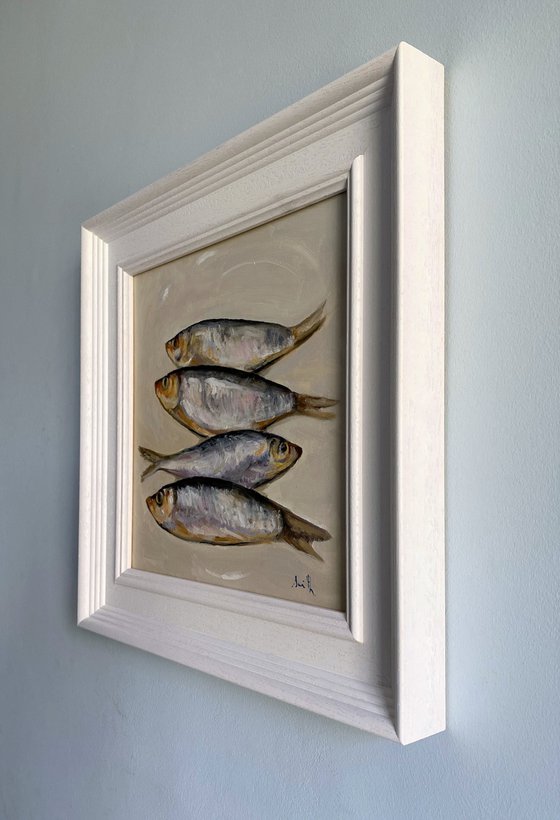 Original oil painting Framed Four Fish Still Life Contemporary Artwork