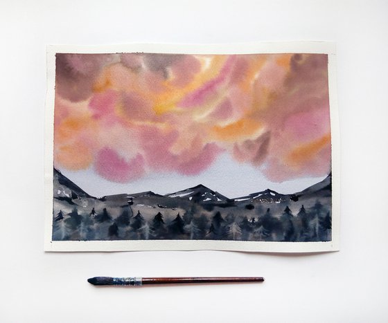 Mountain range art / Sunset clouds painting