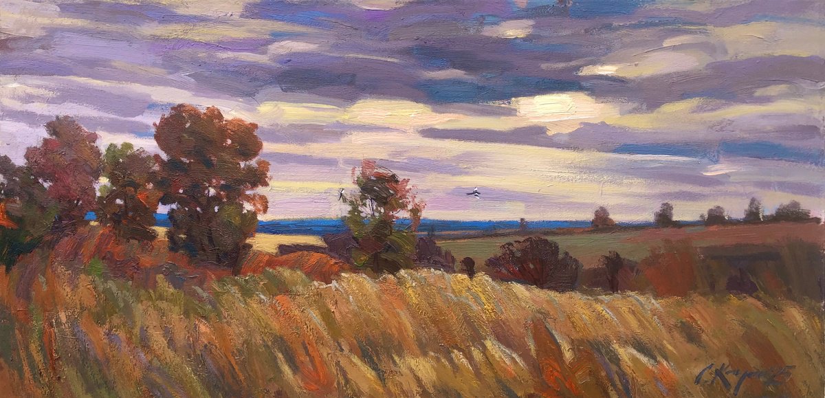 Impressionistic Landscape Acrylic Painting By Sergey Kachin, 49 X 24", Autumn Sunset, Original Artwork