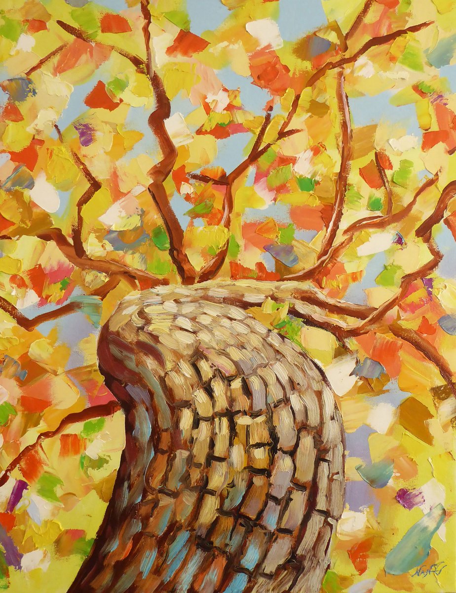 Impressionistic Landscape Oil Painting By Narek Hambardzumyan, 20 X 26", Autumn Tree, Original Artwork