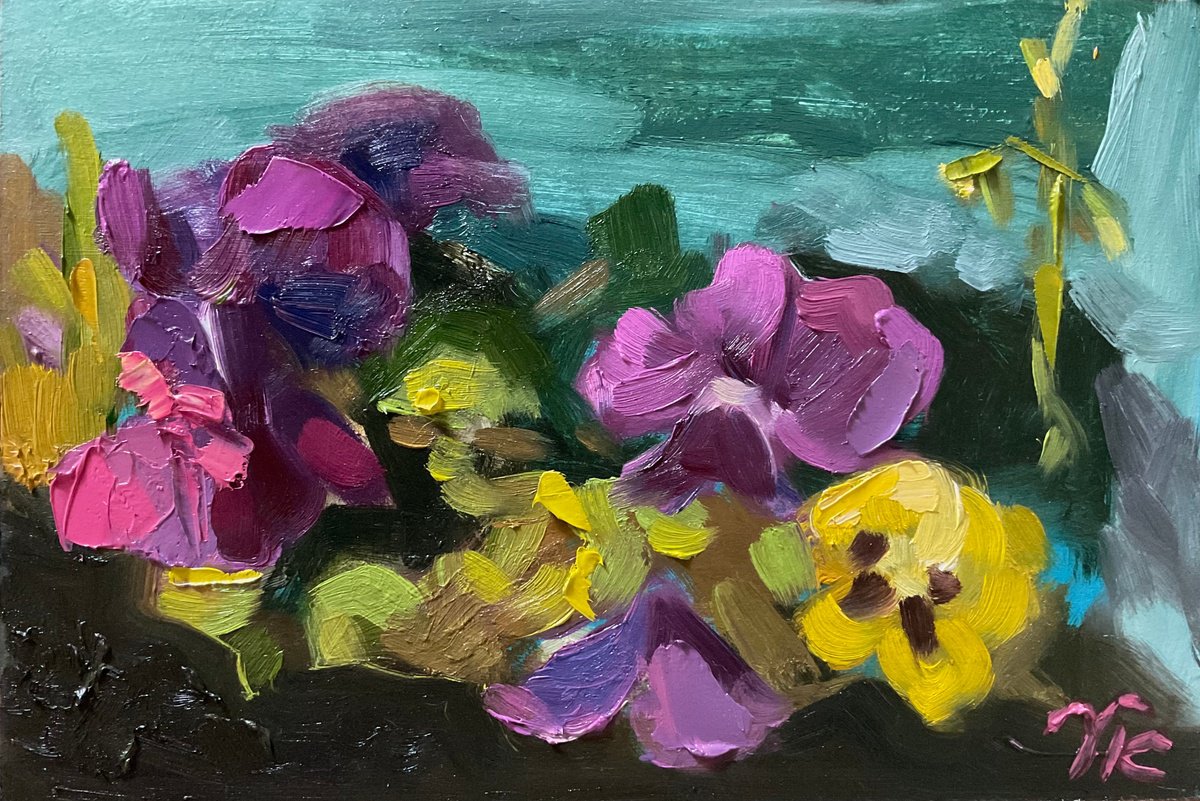 Impressionistic Botanical Oil Painting By Vera Klimova, 11 X 8", Violets, Original Artwork