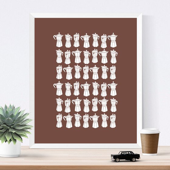 Moka Express Coffeemaker Print in White on Chocolate Brown 50x40cm Size - Unframed - FREE Worldwide Delivery