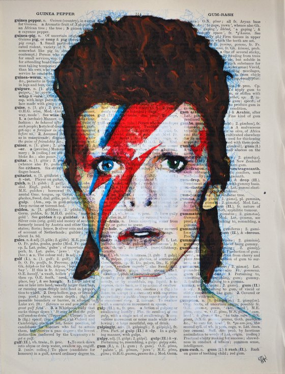 David Bowie - Ziggy Stardust - Collage Art on Large Real English Dictionary Vintage Book Page