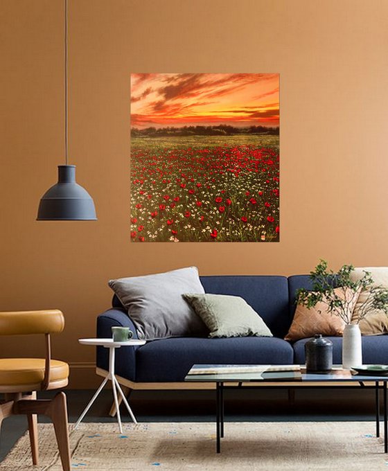 THE POPPY FIELD, BEAUTIFUL SUNSET, MODERN PAINTING ORDER THE SAME ARTWORK