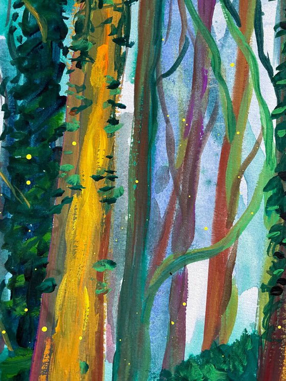 Forest Original Gouache Painting, Green Wall Art, Trees Artwork, Cottagecore Home Decor