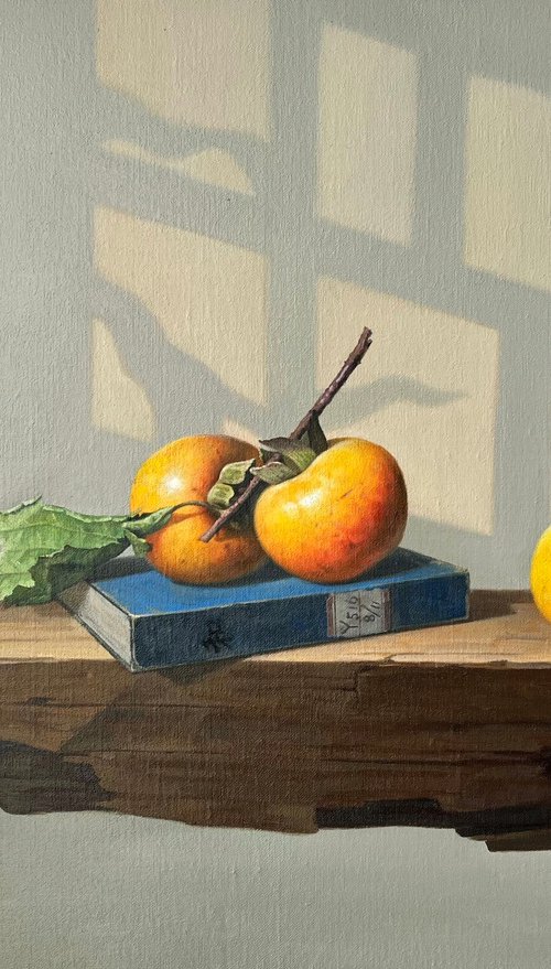 Still life:persimmons on the wooden table c113 by Kunlong Wang