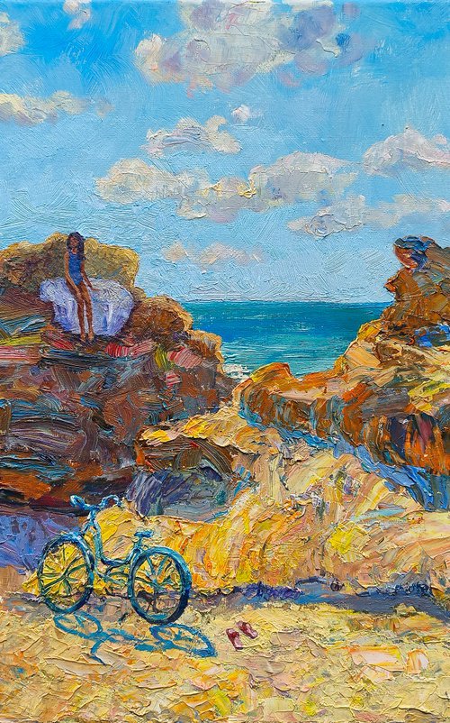 Girl and Bicycle by the Sea by Anastasiia Aguf