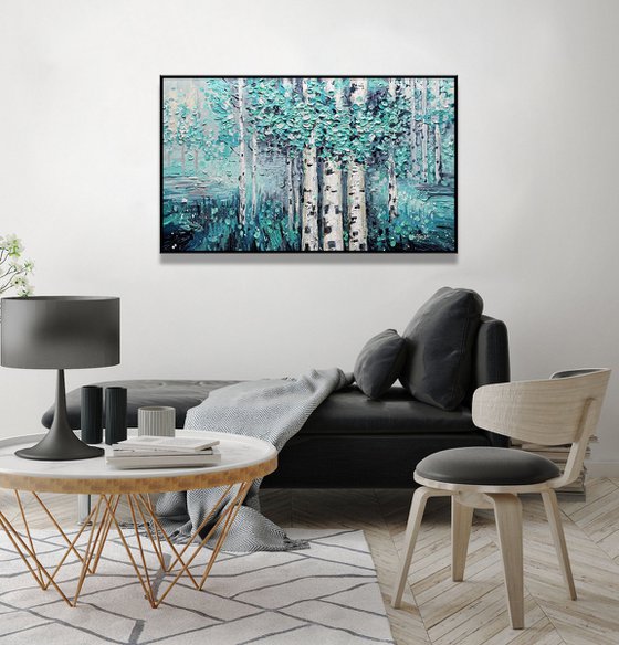 Teal Afternoon - Tree Painting On Canvas, Framed wall art, Teal blue Blomming painting, Heavy Textured art