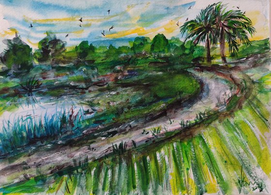 A day in my beautiful farm, watercolour painting- impressionistic style - matt - gift art - christmas- new year