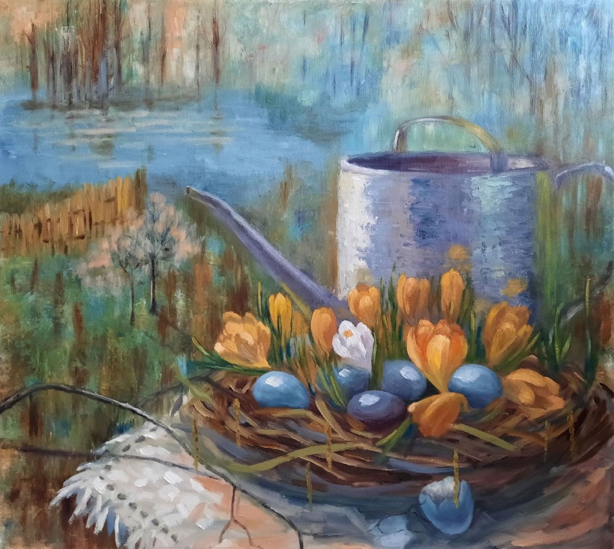Primroses - spring mood, crocuses, oil painting, home decor, original gift, spring still l... by Elena Bondareva