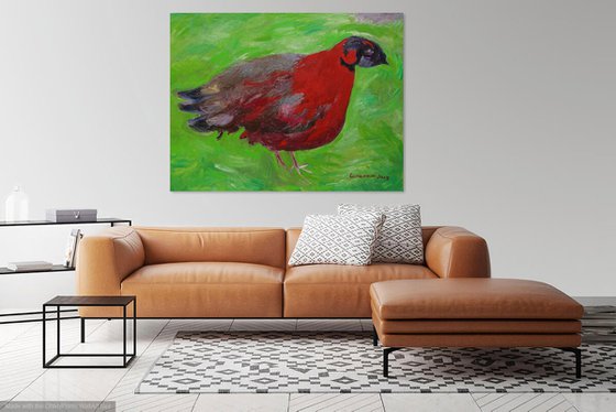 BIRD - animal art, original oil painting, interior home decor,  large size, red green coloured