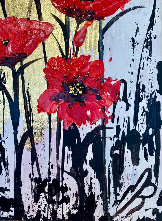 Gold Leaf Painting of Abstract Red Poppies