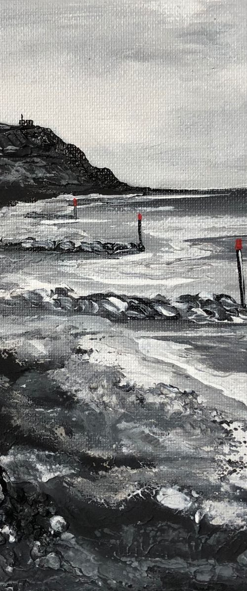 Hengistbury Head and a red sailing boat by Marja Brown