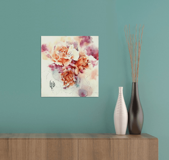 "Scent of a bouquet of roses" original abstract watercolor artwork square format