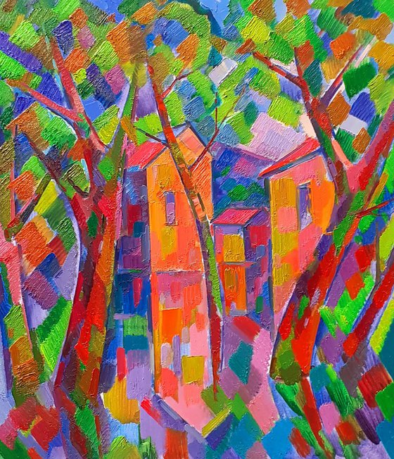 Houses through the trees