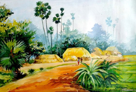 Rural Bengal Village - Acrylic on Canvas Painting