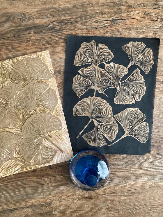 Ginkgo Leaves Woodblock Print