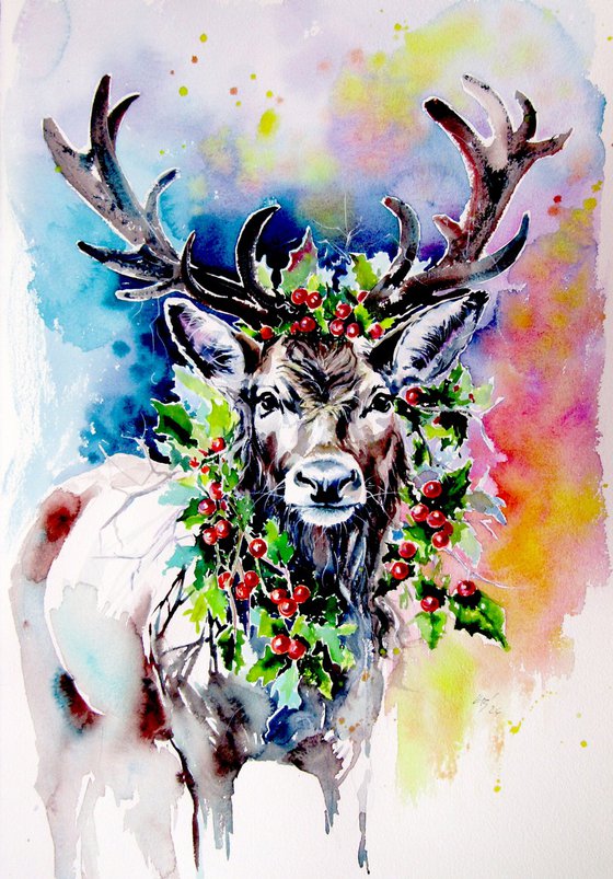 Deer with holly branch