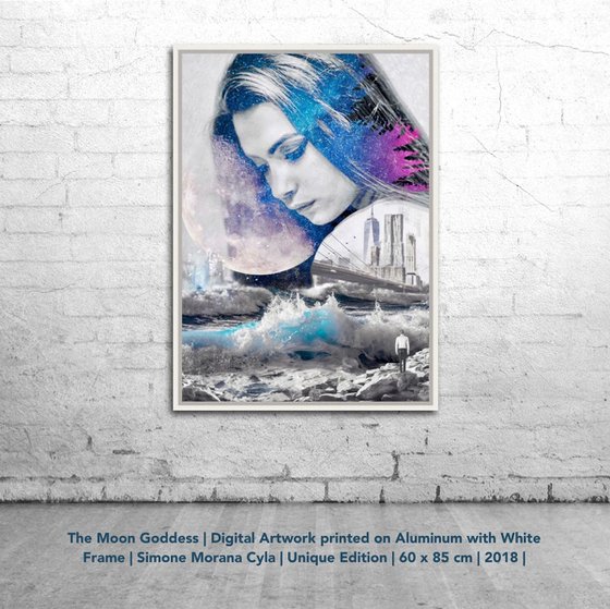 THE MOON GODDESS | Digital Painting printed on Alu-Dibond with white wood frame | Unique Artwork | 2018 | Simone Morana Cyla | 60 x 85 cm | Art Gallery Quality |