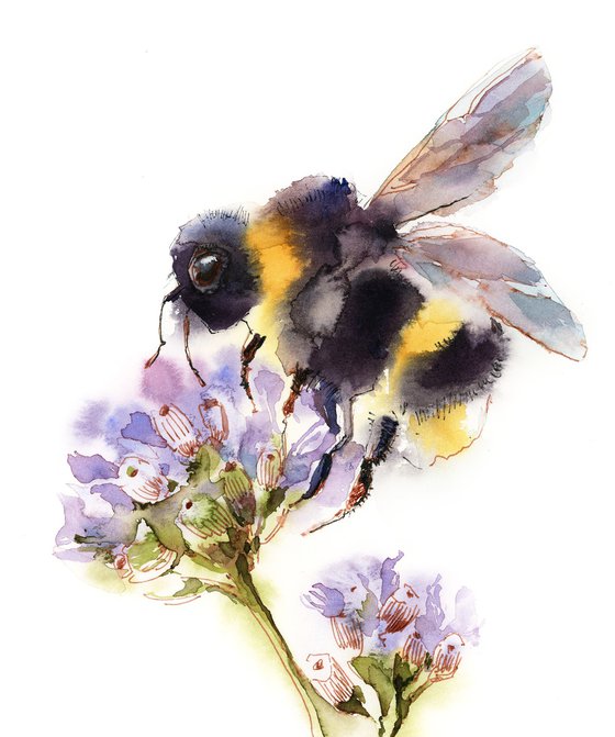 Bumblebee on Flowers Watercolor Painting