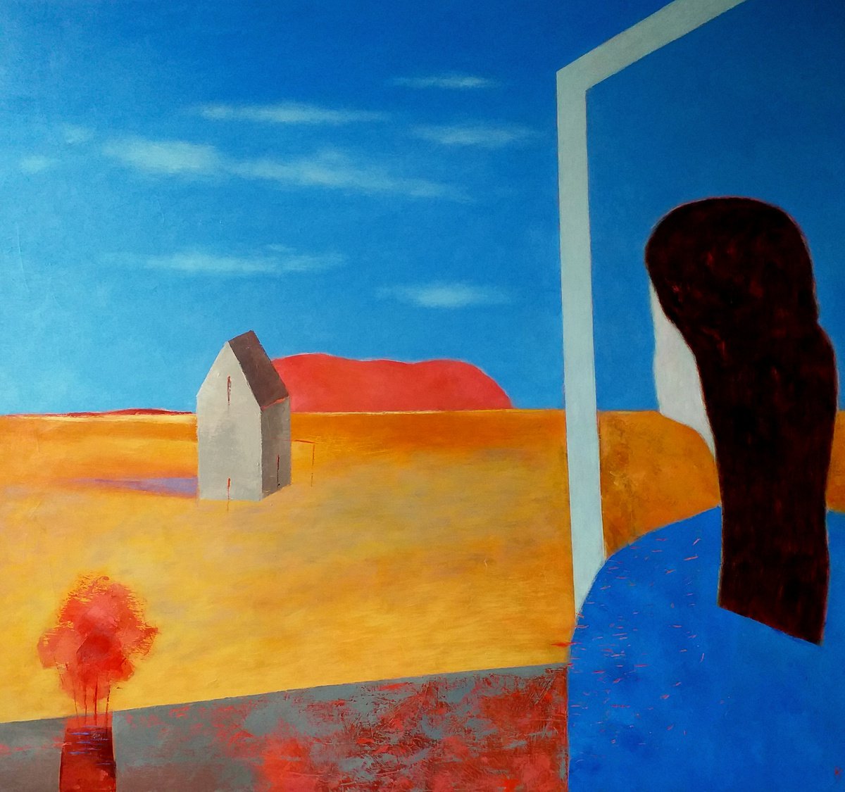 Abstract Landscape Oil Painting By Kestutis Jauniskis, 34 X 32", Woman Looking Through The Window, Original Artwork