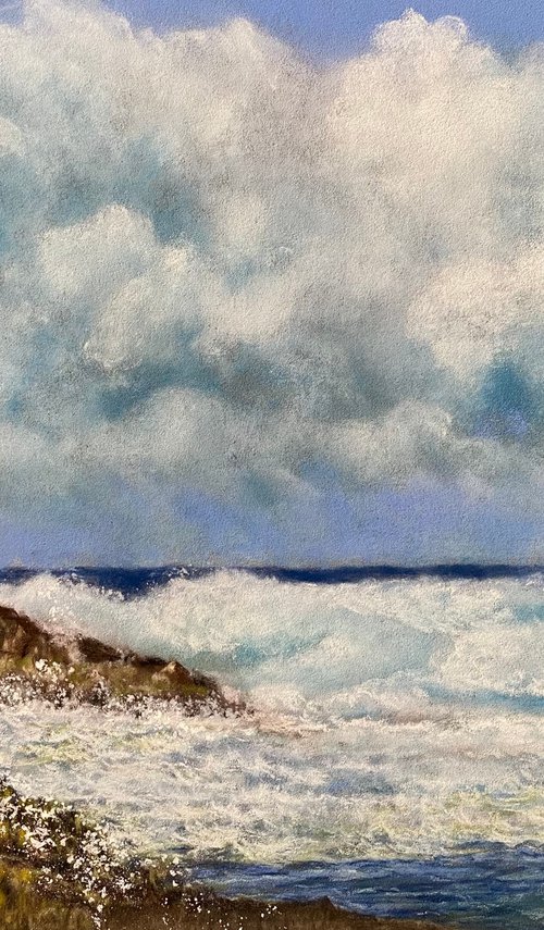 Cloudy skies and sea spray in pastels by Maxine Taylor