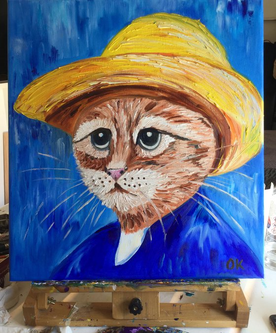 Cat La Van Gogh in a straw hat modern oil painting feline art Van Gogh influence art for animal lovers