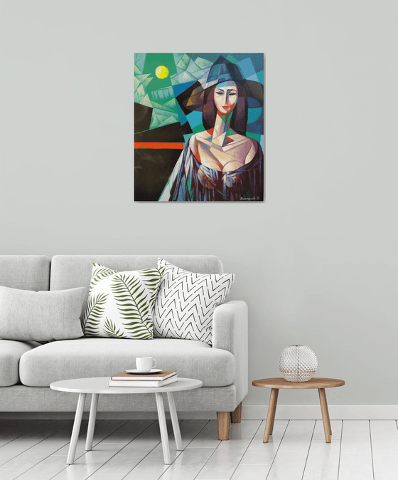 Full Moon (70x80cm, cubism, oil painting, ready to hang)