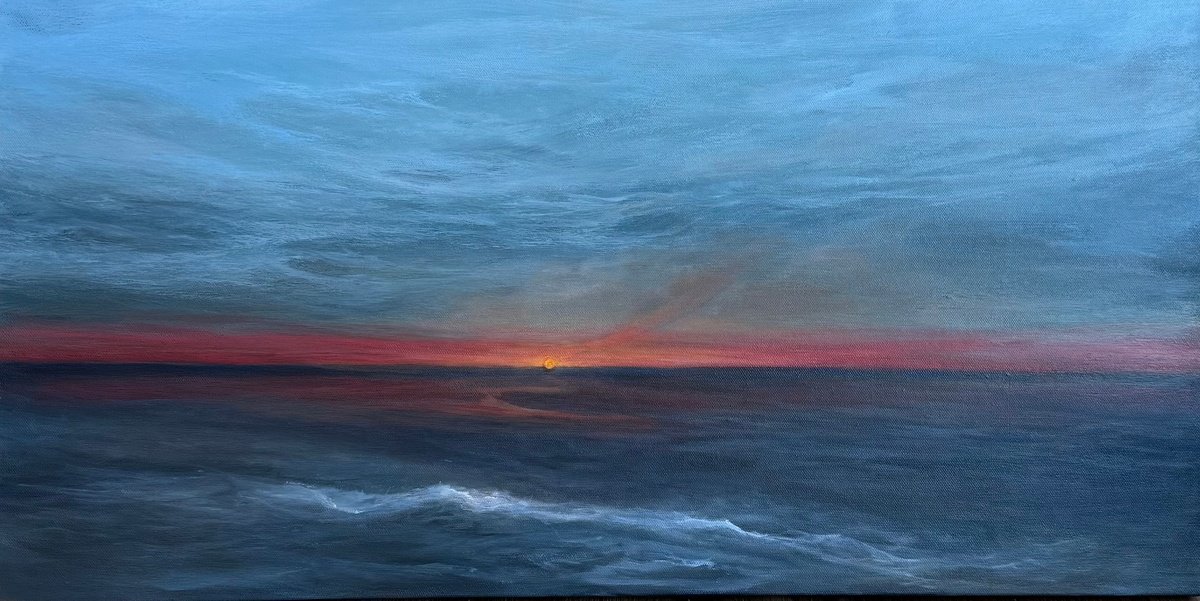 Impressionistic Landscape Acrylic Painting By Tamara Bettencourt, 30 X 15", Sea At Twilight, Original Artwork