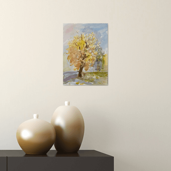 Indian summer golden tree, original watercolour artwork
