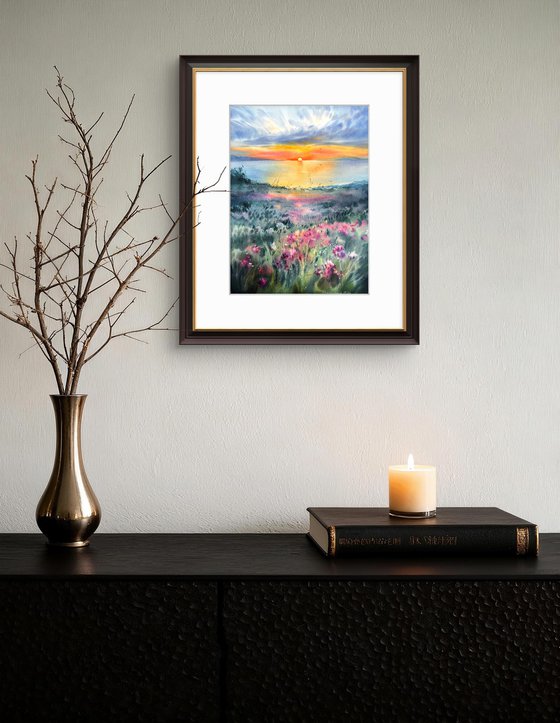 Flowers and sea at sunset