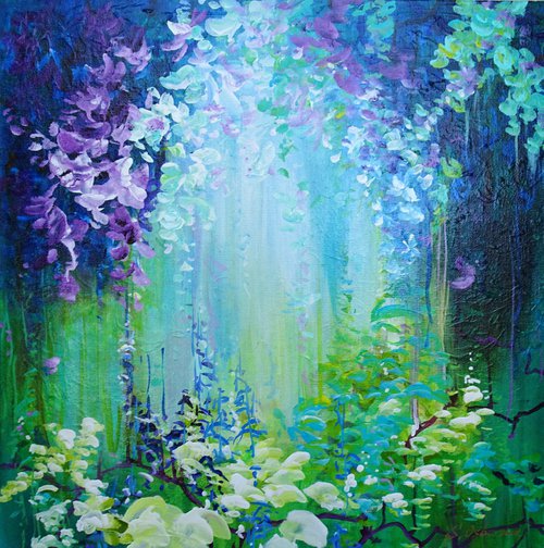 TROPICAL RAINFOREST I. Orchid Flowers Acrylic Square Painting on Canvas by Sveta Osborne