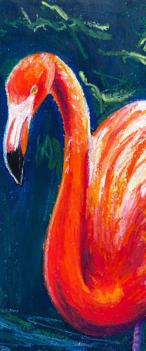 Flamingo Panting, Original Oil Pastel Drawing, Bird Illustration, Impressionist Wall Art, Colorful Room Decor by Kate Grishakova