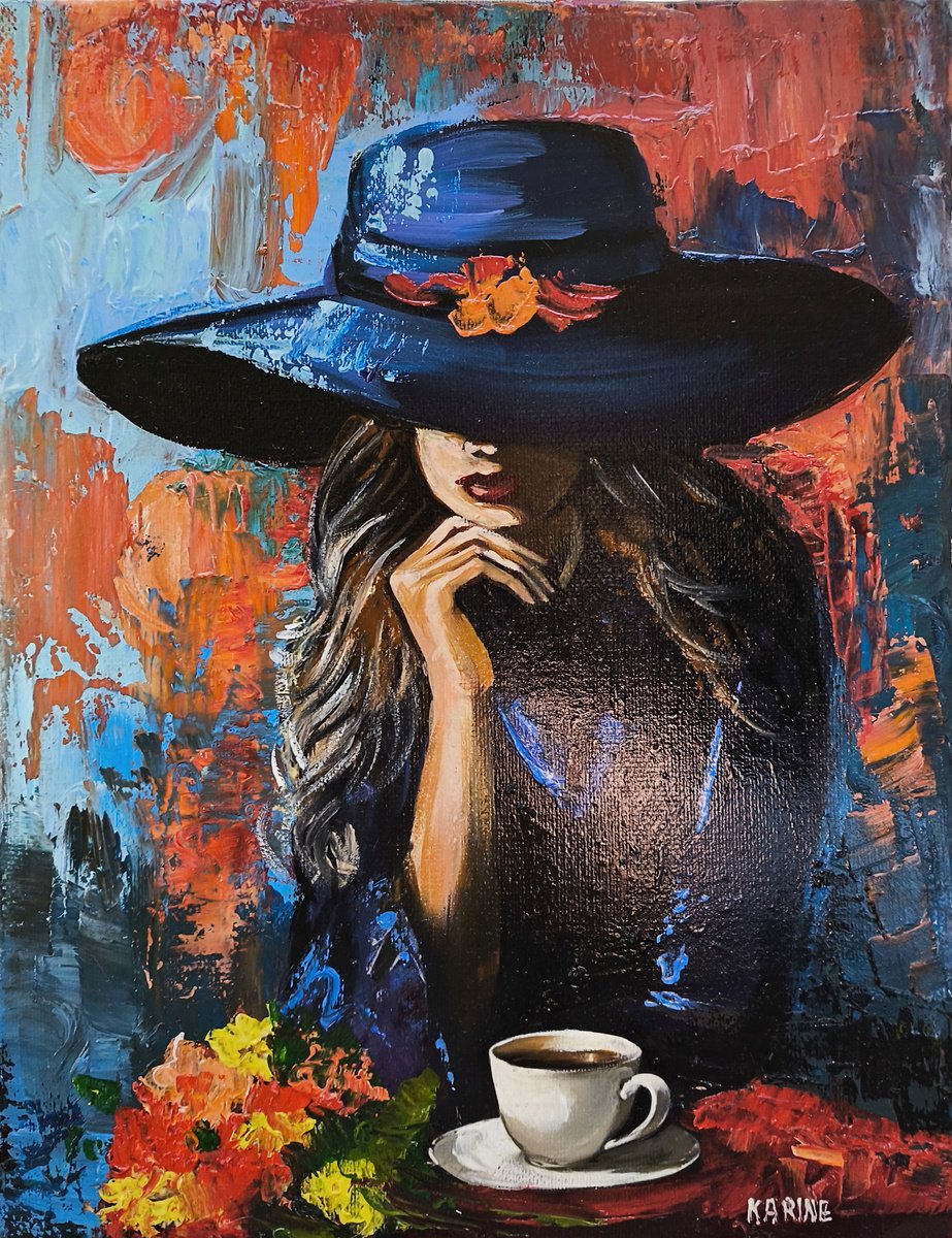 Impressionistic Portrait Oil Painting By Karine Harutyunyan, 9 X 12", Thoughts Over Coffee, Original Artwork