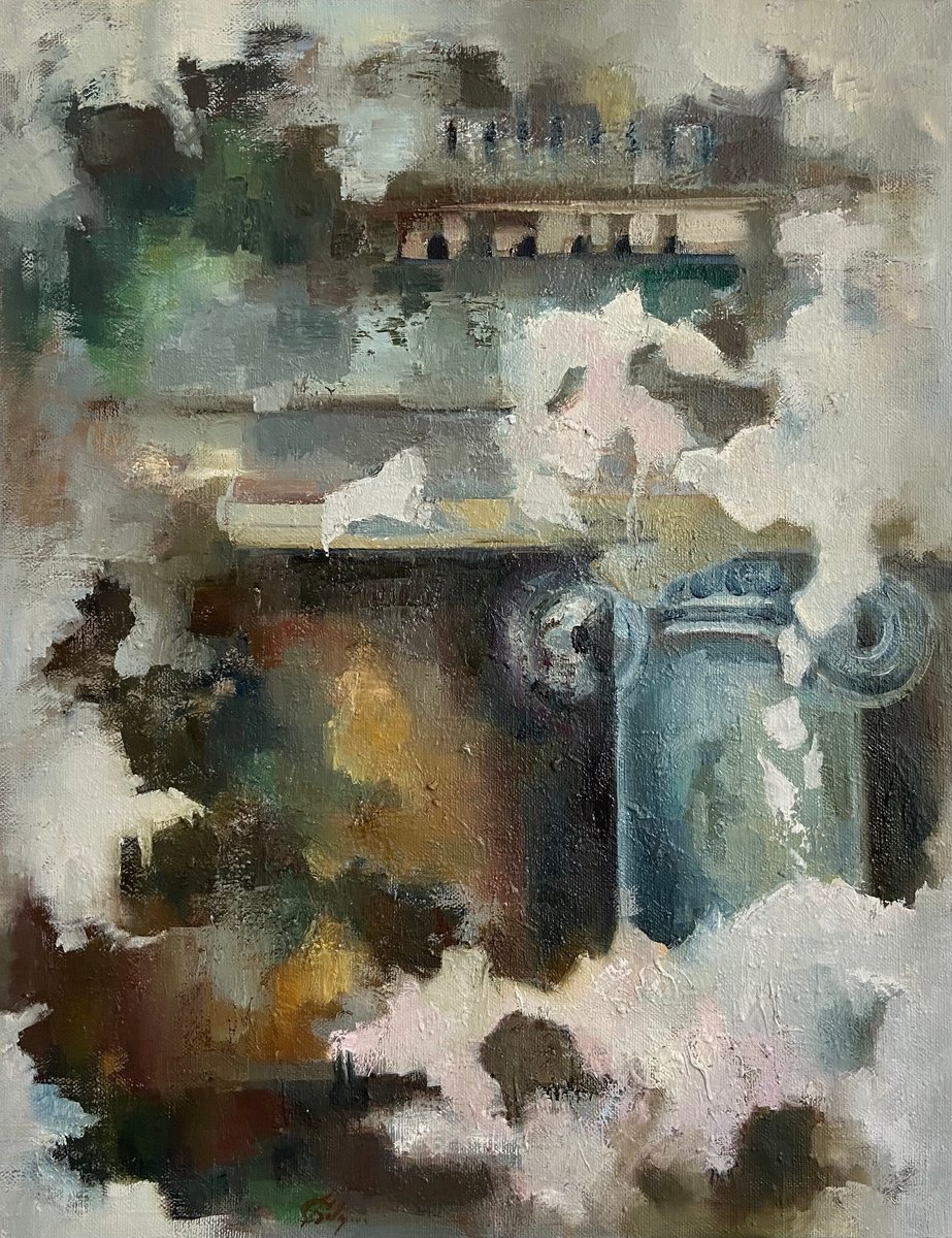 Abstract Cityscapes Oil Painting By Junija (Yuna) Galejeva, 28 X 35", Old Fresco, Original Artwork