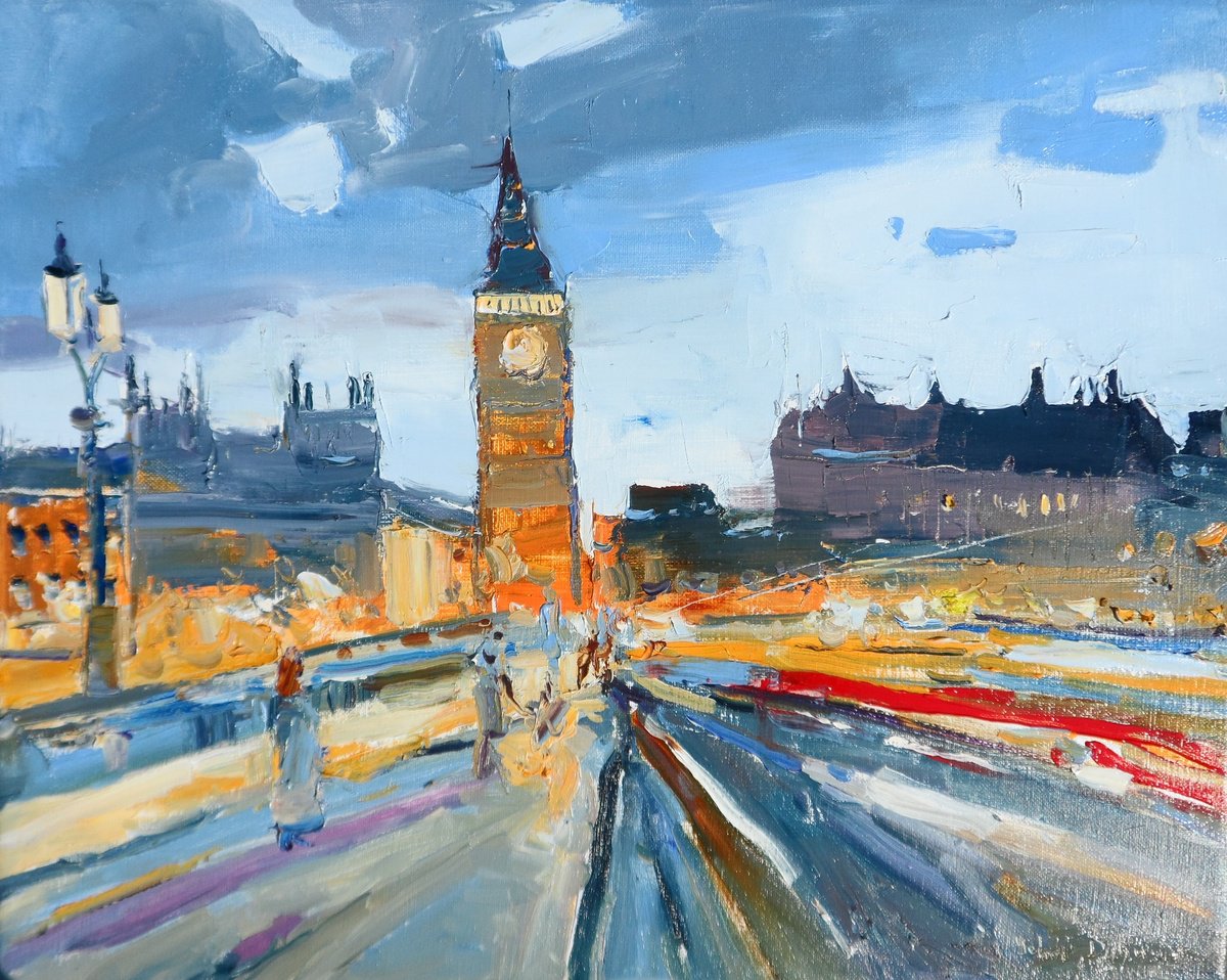 Impressionistic Landscape Oil Painting By Yehor Dulin, 20 X 16", Night Lights. London, Original Artwork
