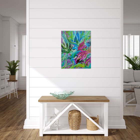 Abstract Tropical Flowers. Floral Garden.Pink Abstract Flowers. (41x51cm) Modern Textured Art