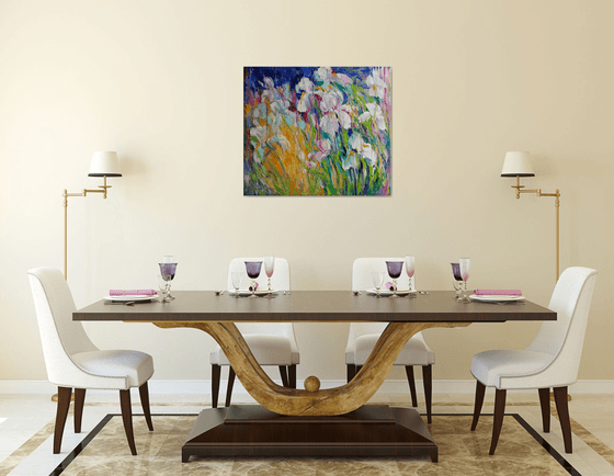 Painting Irises, summer landscape, white flowers in garden