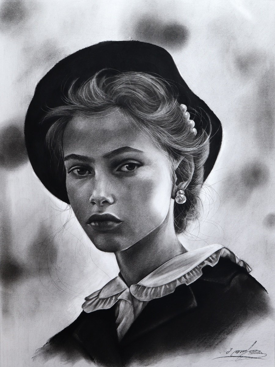 Photorealistic Portrait Charcoal Drawing By Mariam Darchiashvili, 12 X 16", Woman Portrait No. 27, Original Artwork