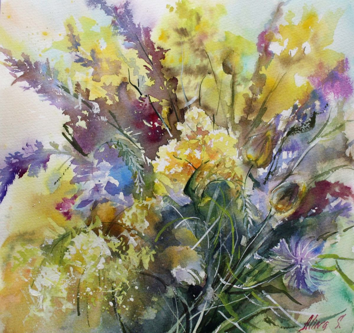 Original watercolor painting, abstract flowers, lupines wildflowers, floral wall art wall... by Alina Shmygol