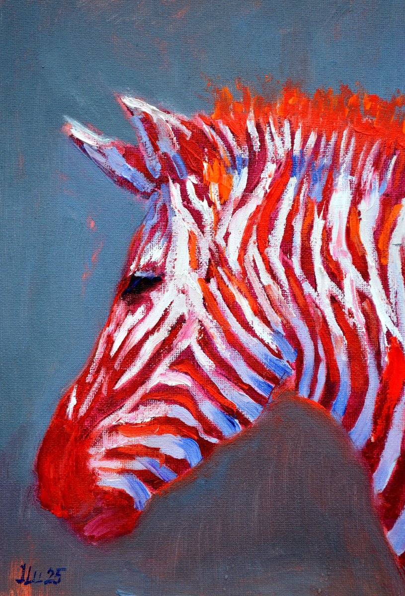 Expressive Animal Oil Painting By Elena Lukina, 8 X 12, Zebra In Red, Original Artwork