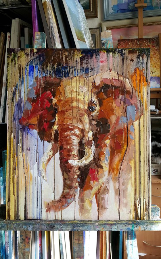 Coming out of the jungle - african elephant, painting on canvas, animals oil painting, Impressionism, palette knife, gift.