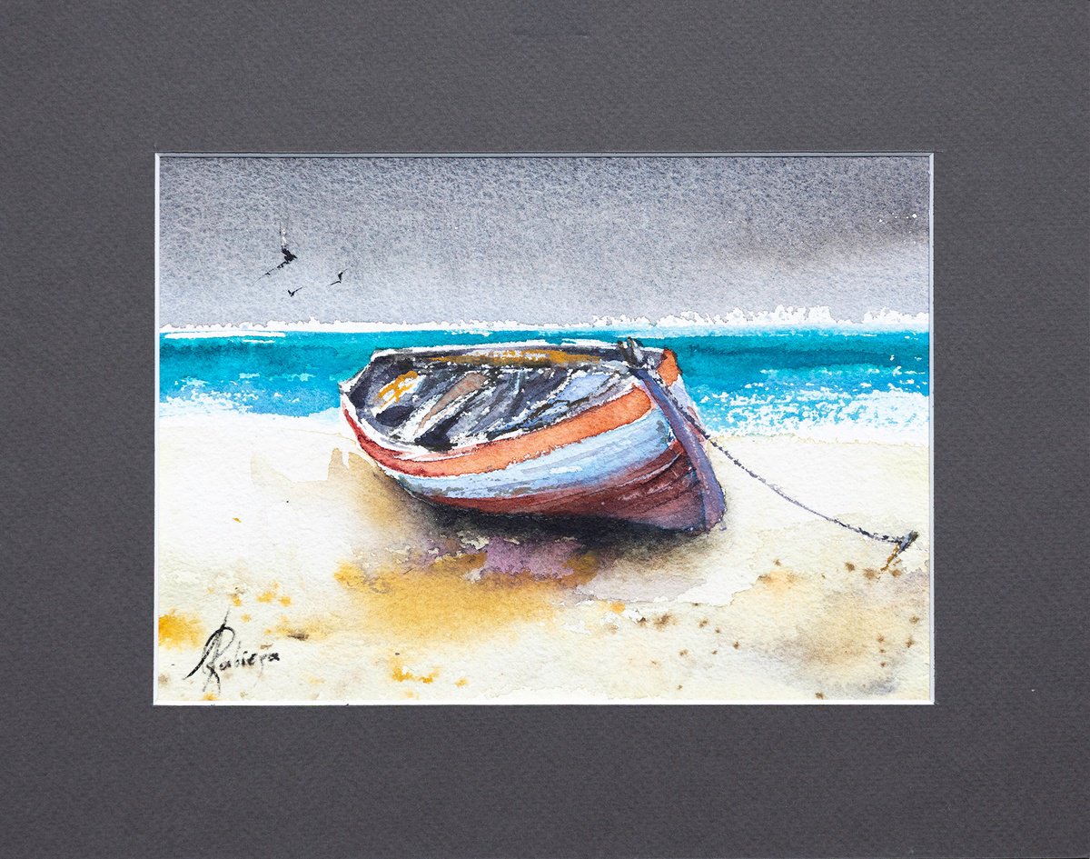 Landscape Watercolour By Andrzej Rabiega, 11 X 9, Calabria Boat On The Beach, Original Artwork