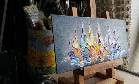 "Sea with yachts" - Oil painting, seascape,  landscape, yacht original painting, sea with yachts, modern painting, Impressionism, made by palette knife