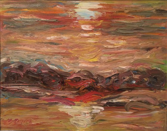 FIRST RAY OF LIGHT, OCEAN - Landscape art, seascape, marina, ocean, beach, sun water sunrise sky ray light, original oil painting, summer, wave