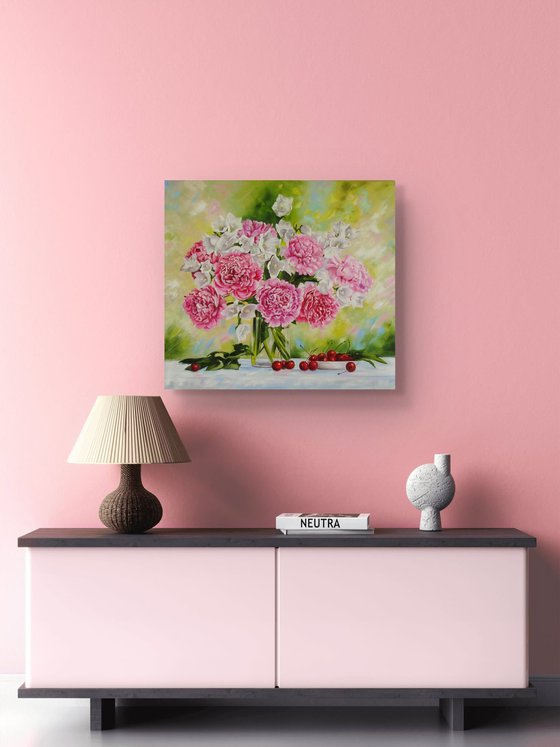 Pink Peonies in Glass Vase